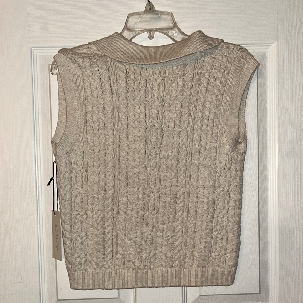 Rachel Zoe Beige 💯 Cotton Cable Knit Polo Collared Sleeveless Sweater Medium NWT - Picture 3 of 3
